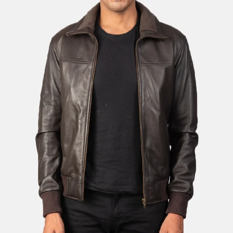 BOMBER-2405 MUSH Brown Leather Bomber Jacket Fleece Fabric Down Fabric Feather Fabric