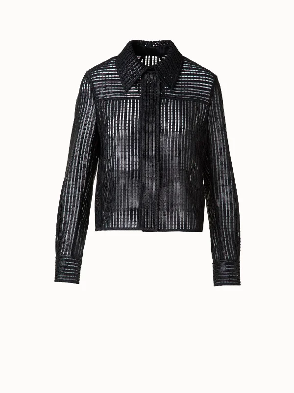 Shirt Jacket with Stripes Embroidery Ribbed Jacket Pleated Jacket Ruffled Jacket