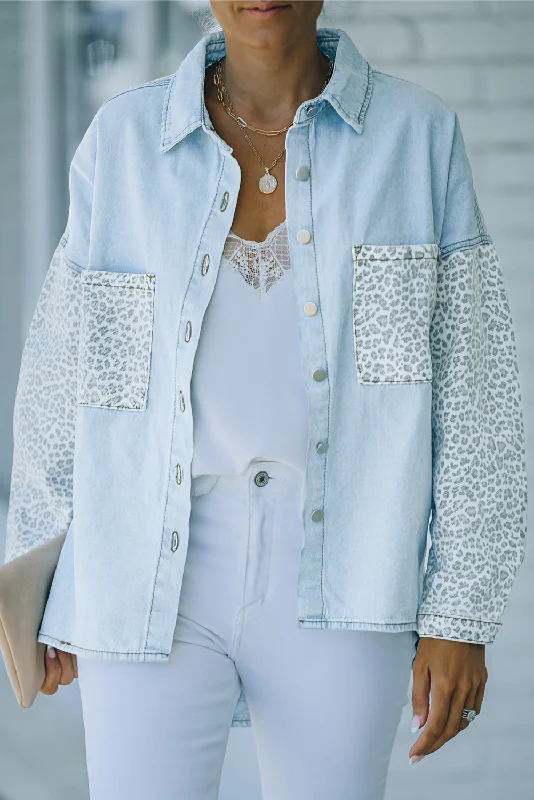 Sky Blue Contrast Leopard Denim Jacket Embroidered Jacket Appliqued Jacket Beaded Jacket Sky Blue Contrast Leopard Denim Jacket Embroidered Jacket Appliqued Jacket Beaded Jacket