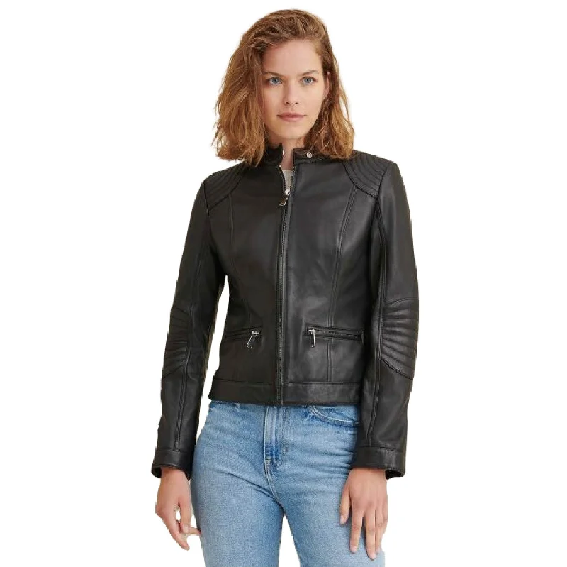 Slim and Smart Quilted with Zipper Pockets Sheepskin Leather Jacket Women Notch Collar Jacket Peter Pan Collar Jacket Cowl Neck Jacket