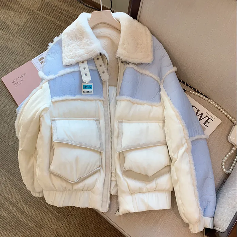 Stitching Casual Lamb Wool Jacket Women Overcoat Autumn Winter Cotton-Padded Jacket Warm Parka Contrast Stitching Fur Coat Top Striped Jacket Polka Dot Jacket Floral Jacket