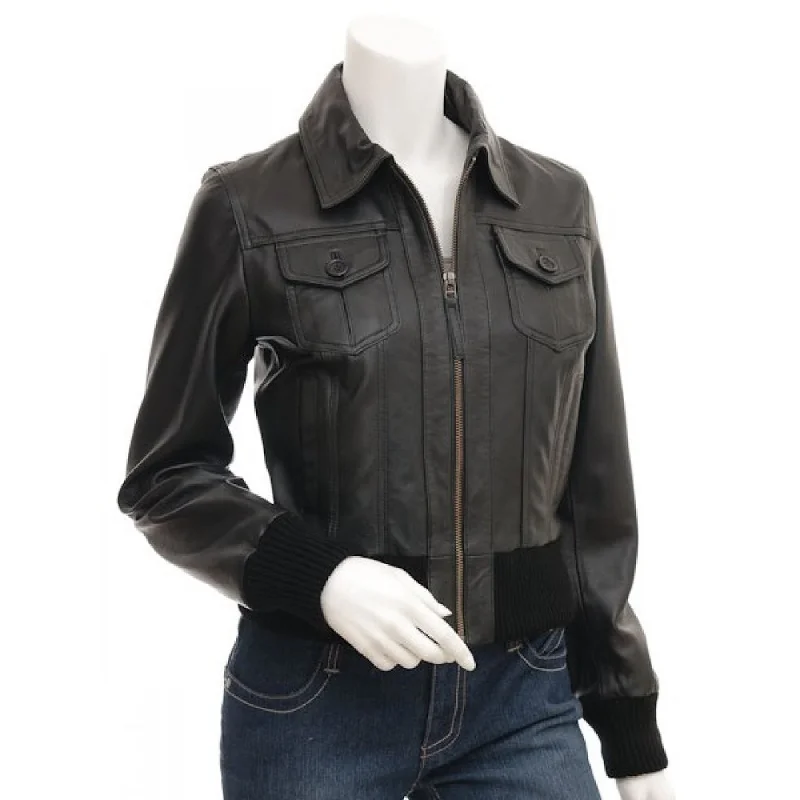 Stylish Black Front Biker Leather Jacket Womens Wool Jacket Cashmere Jacket Tweed Jacket