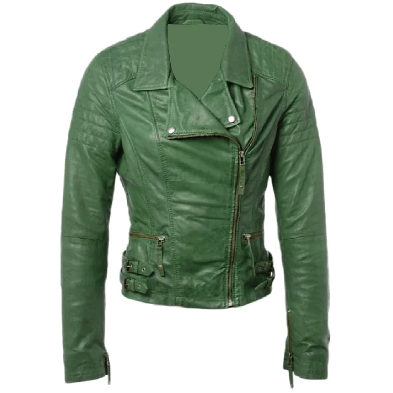 Stylish Green Quilted Buckle Straps Sheepskin Leather Jacket Women Satin Jacket Silk Jacket Chiffon Jacket