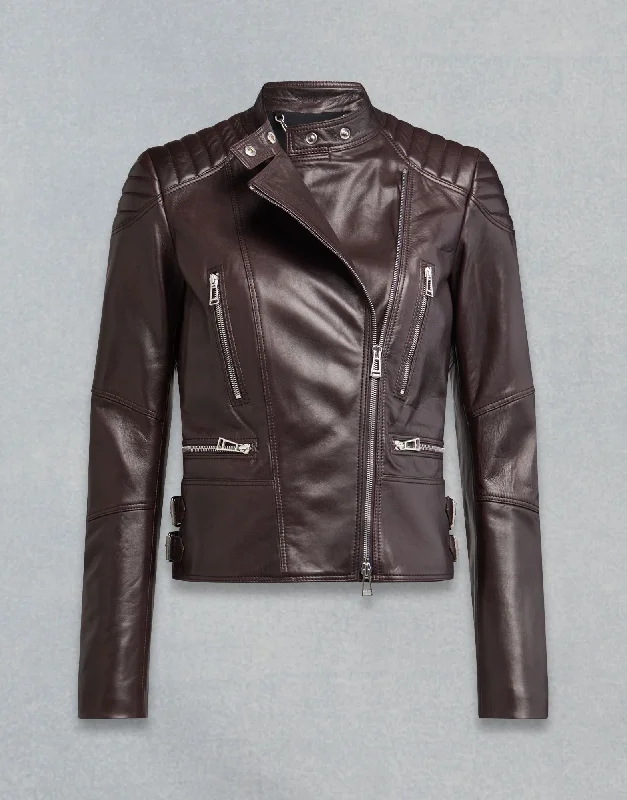 SYDNEY WOMEN LEATHER JACKET - Dark Amarone Nylon Fabric Polyester Fabric Spandex Fabric
