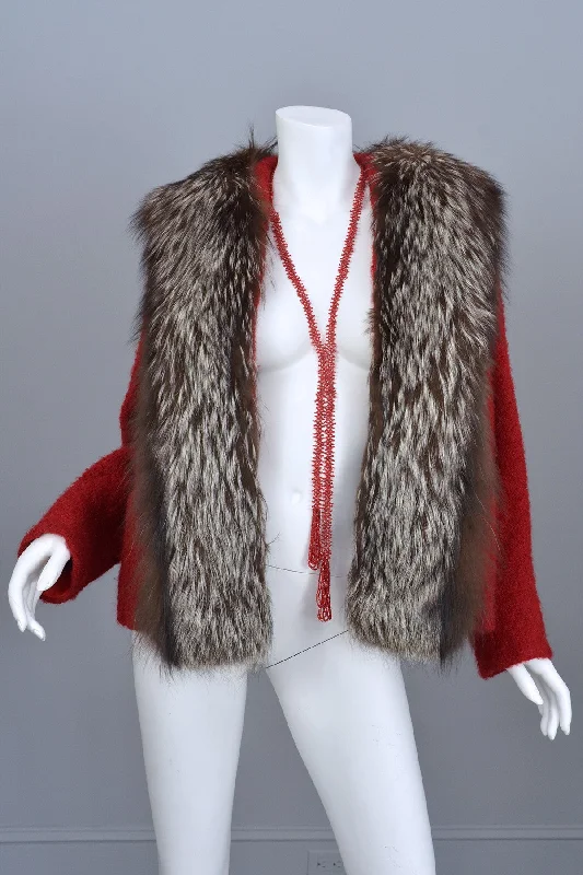 Vintage 60s Silver Tipped Fox Fur Trim Cranberry Red Boucle Jacket Front Pockets Side Pockets Patch Pockets