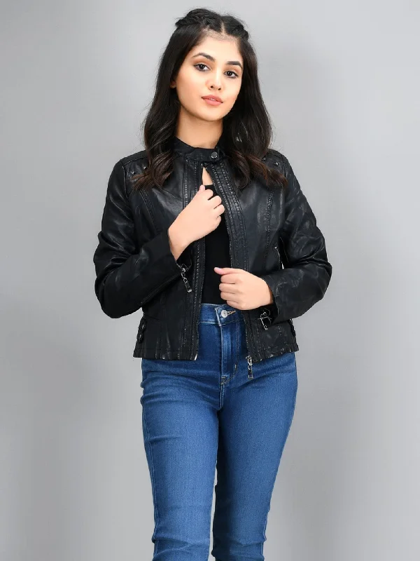 Iconic Leather Jacket - Black Ribbed Jacket Pleated Jacket Ruffled Jacket