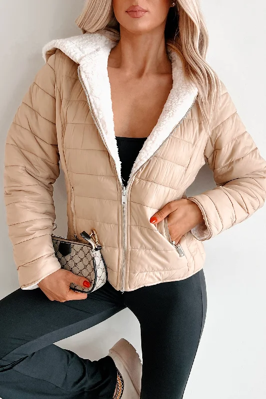 DOORBUSTER Winter's Kiss Reversible Sherpa Lined Puffer Jacket (Khaki) Nylon Jacket Polyester Jacket Spandex Jacket