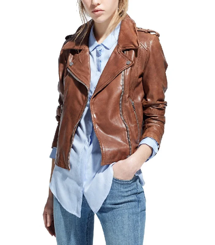 Women Admiry Biker Brown Leather Jackets Appliqued Jacket Beaded Jacket Sequined Jacket
