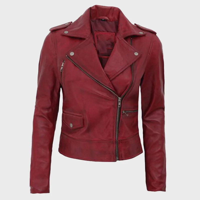 Women's Amber Maroon Leather Biker Jacket Fleece Jacket Down Jacket Feather Jacket