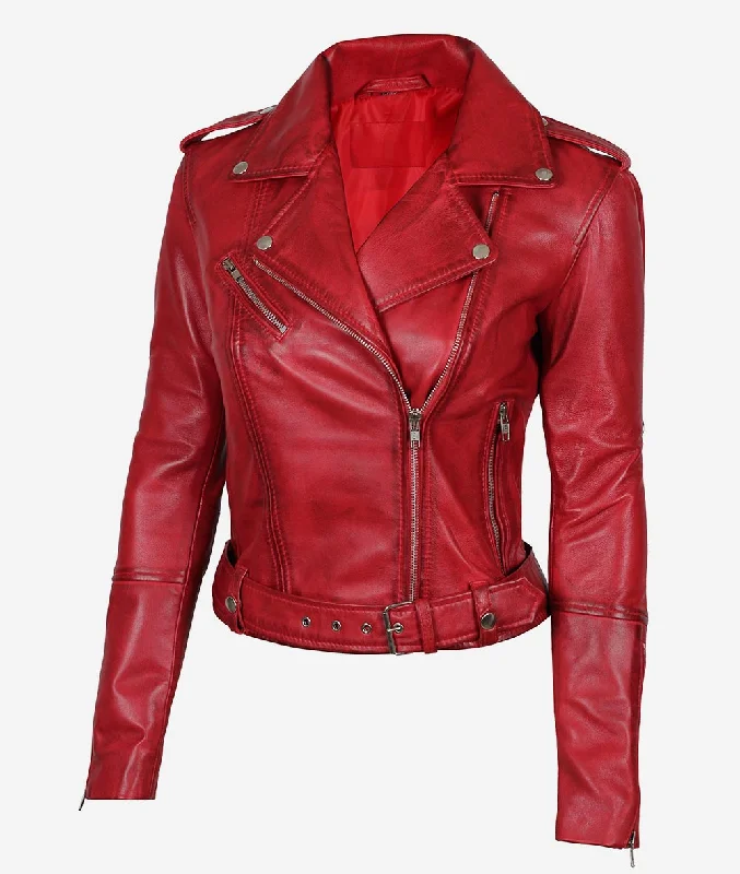 Womens Asymmetrical Leather Red Biker Jacket Notch Collar Peter Pan Collar Cowl Neck