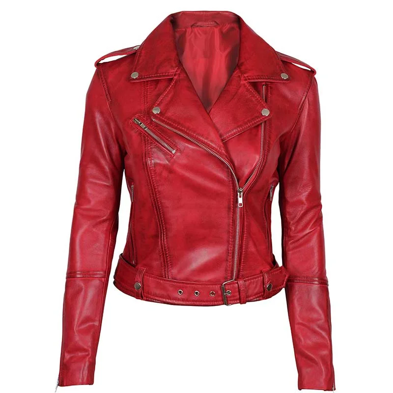 Womens Asymmetrical Leather Red Biker Jacket Wool Jacket Cashmere Jacket Tweed Jacket