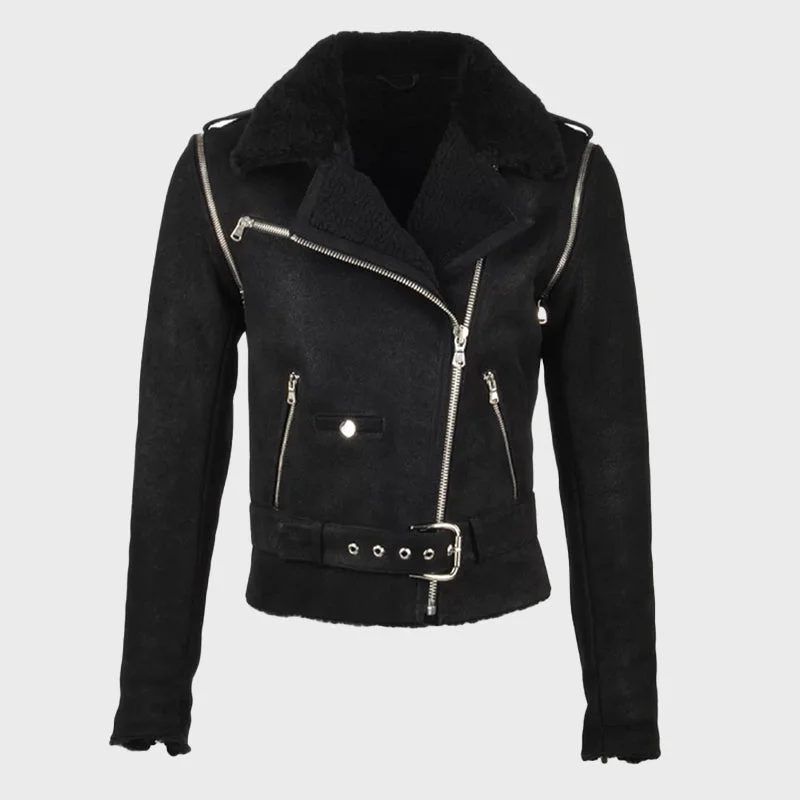 Women's Belted Biker Shearling Leather Jacket Cardigan Sweater Pullover