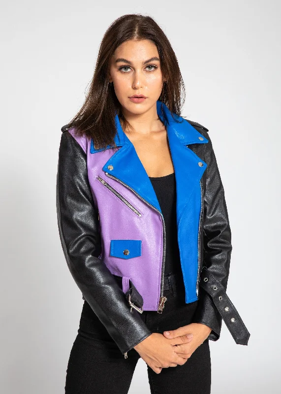 Women's Block Print Moto Style Faux Leather Jacket - Purple/Blue Herringbone Jacket Checkered Jacket Solid Jacket Women's Block Print Moto Style Faux Leather Jacket - Purple/Blue Herringbone Jacket Checkered Jacket Solid Jacket