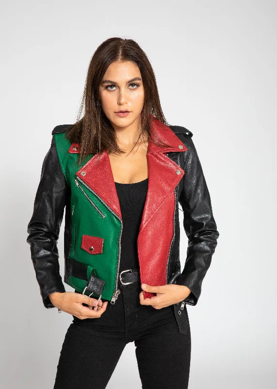 Women's Block Print Moto Leather Jacket - Red/Green Boat Neck Shawl Collar Notched Collar