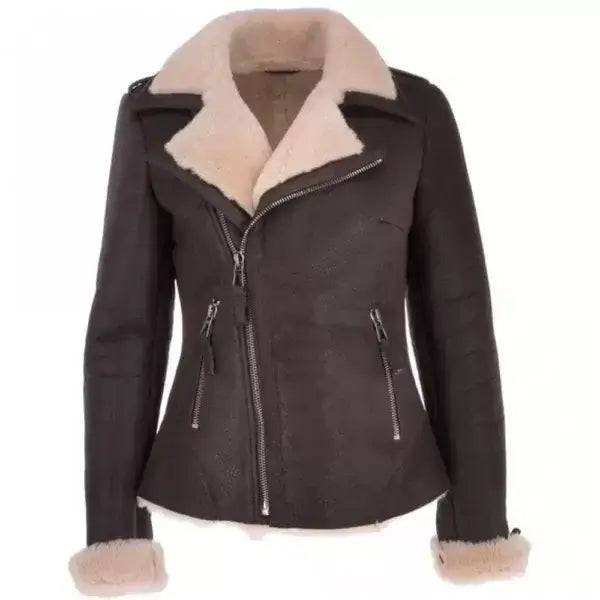Women's Brown Luxury Shearling Jacket Welt Pockets Slit Pockets Flap Pockets