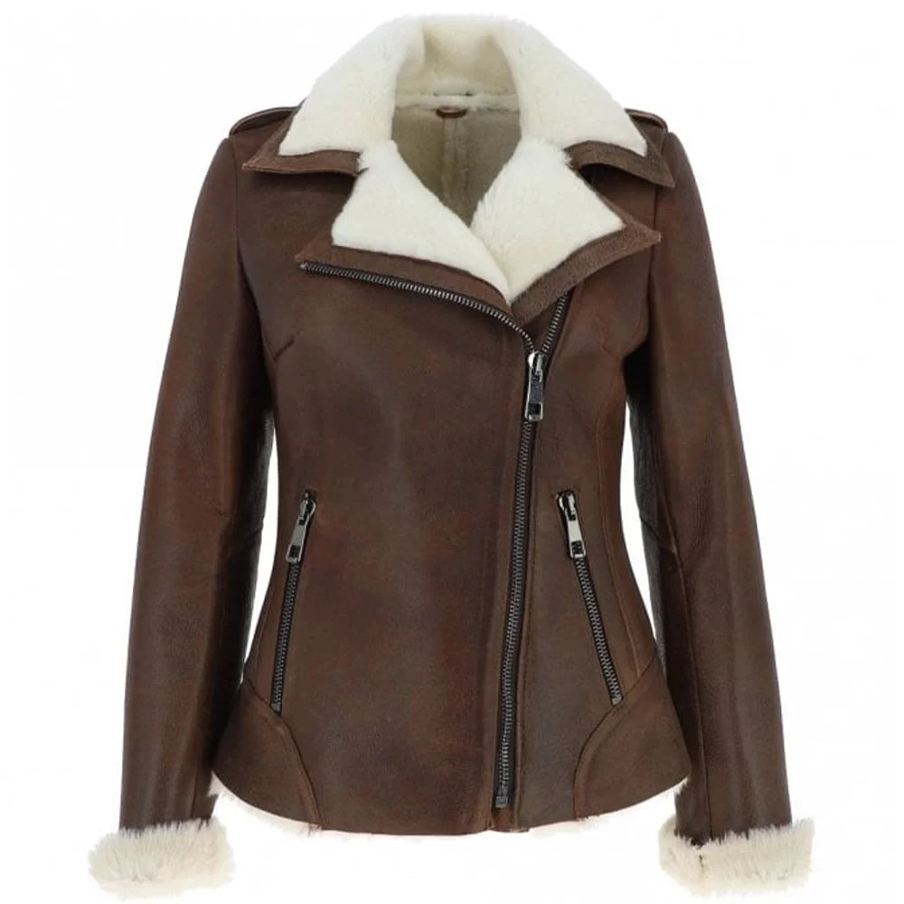 Women's Dark Brown Shearling Leather Jacket Print Jacket Jacquard Jacket Embroidered Jacket