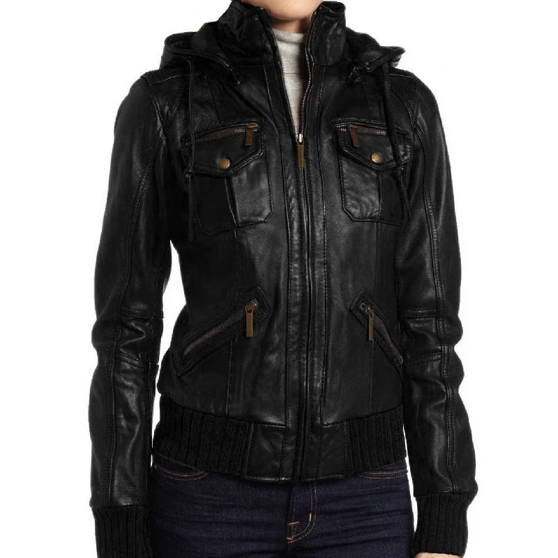 Detachable Hooded Real Leather Jacket for Women Tailored Jacket Straight Jacket A-Line Jacket Detachable Hooded Real Leather Jacket for Women Tailored Jacket Straight Jacket A-Line Jacket