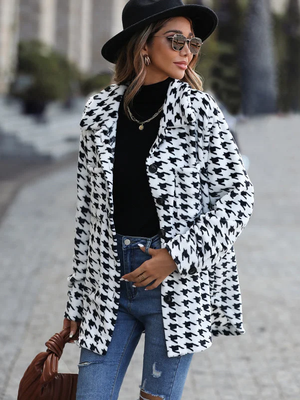Women's Dogtooth Print Button Up Jacket Fleece Jacket Down Jacket Parka