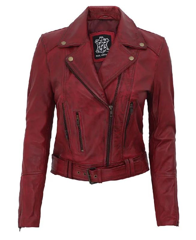 Womens Maroon Leather Motorcycle Jacket Hooded Jacket Caped Jacket Shawl Collar Jacket