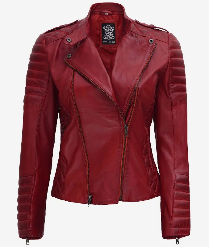 Womens Padded Asymmetrical Red Leather Moto Jacket Knit Fabric Woven Fabric Fleece Fabric