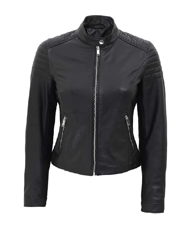 Womens Slim Fit Leather Jacket Black Fleece Jacket Down Jacket Feather Jacket