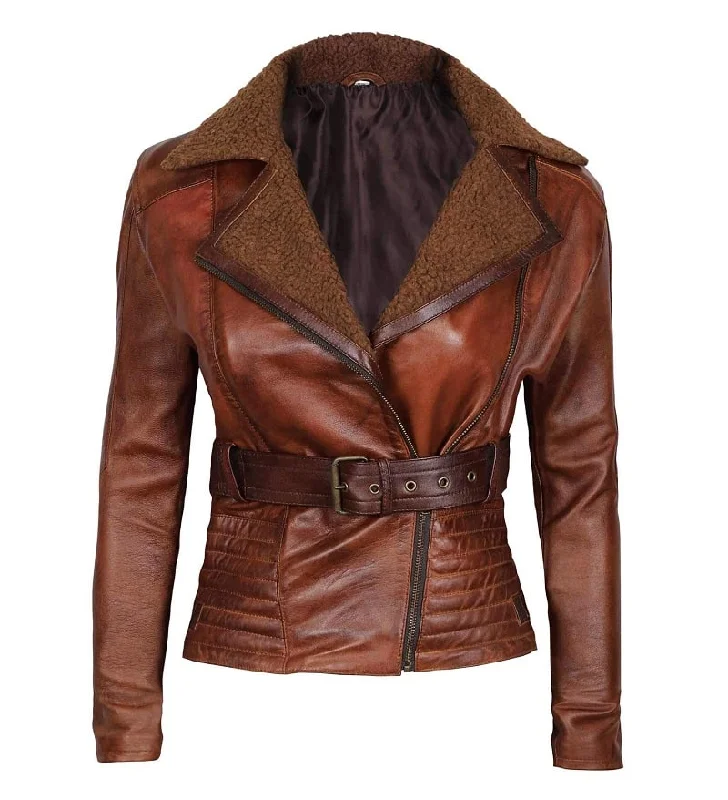 Women's Tomb Brown Leather Jacket Belted Jacket Elasticated Jacket Padded Jacket