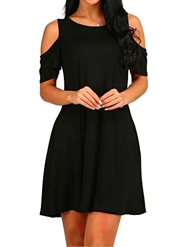 HAOMEILI Women's Cold Shoulder Tunic Top T-Shirt Casual Swing Dress with Pockets Modern Contemporary Chic