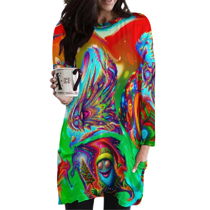 “Psychedelic Christmas Tree People” Long Sleeve T-Shirt Dress - Size 2XS - 6XL Zippered Front Buttoned Front Snap Front