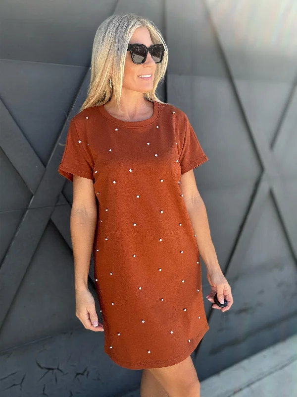 Studded Short Sleeve T-Shirt Dress In Brown Striped Floral Plaid