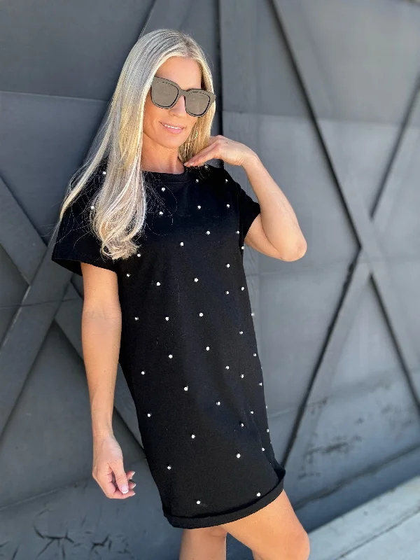Studded Short Sleeve T-Shirt Dress In Black Welt Pockets Slit Pockets Flap Pockets