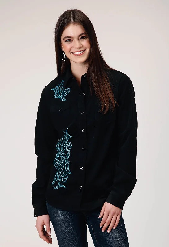 WOMENS LONG SLEEVE SNAP JET BLACK CORDUROY WESTERN BLOUSE WITH EMBROIDERY DECORATION Satin Long Blouse