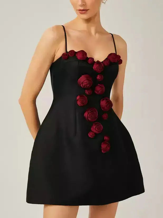 3d Red Rose Applique Black Mini Dress Chic Mini Dress with V-Neck