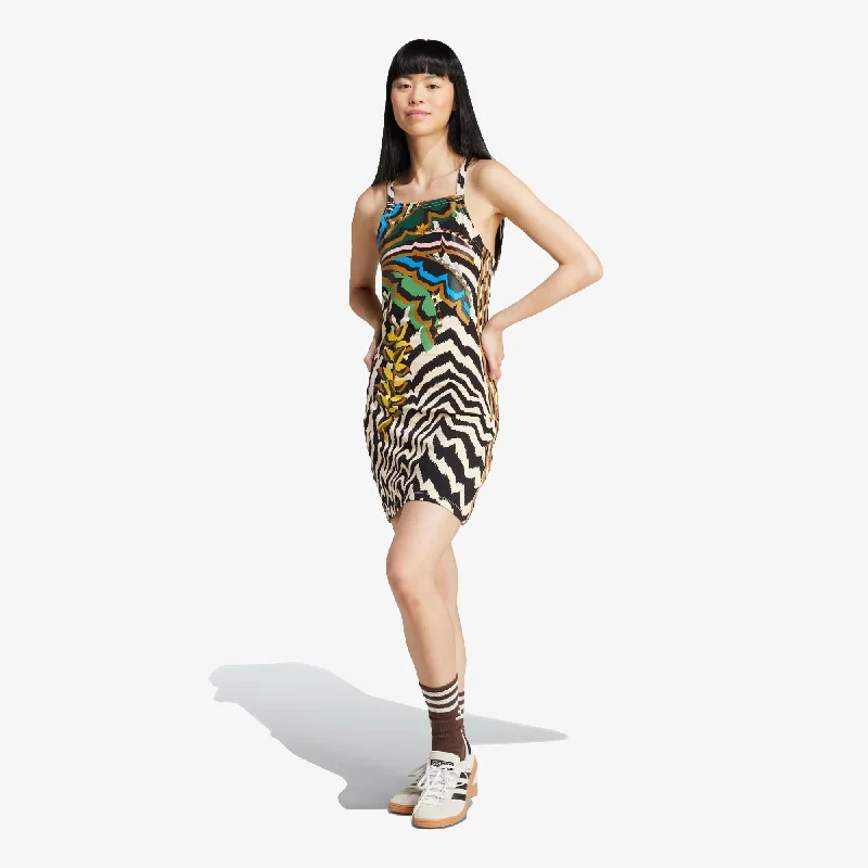 ADIDAS ORIGINALS | WMN'S X FARM RIO 3-STRIPES MINI DRESS { CRYSTAL SAND Trendy Mesh Mini Dress