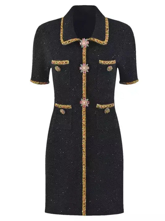 Appliqué-Detail Black Knitted Mini Dress Casual Mini Dress with Pockets