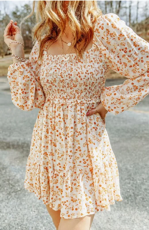 Apricot Boho Floral Smocked Puff Sleeve Mini Dress Elegant Satin Lace Mini Dress