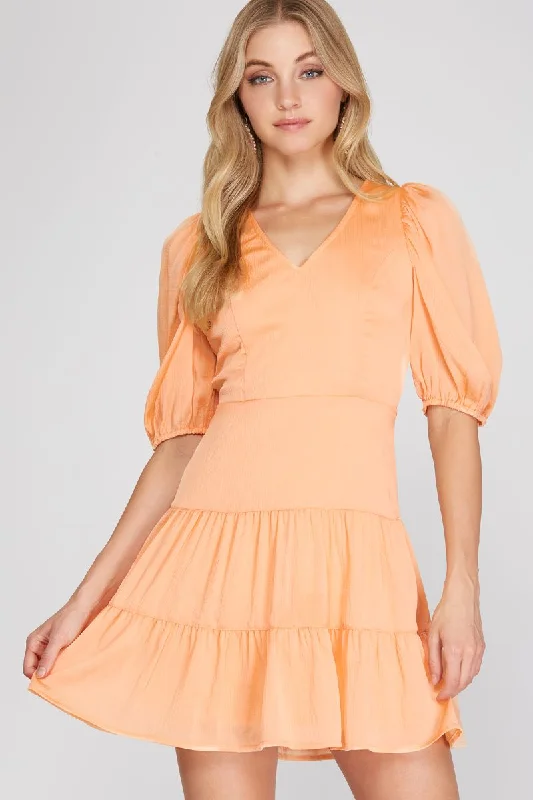 APRICOT V-NECK PUFF SLEEVES TIERED MINI DRESS SS9619 Elegant Lace-Up Mini Dress