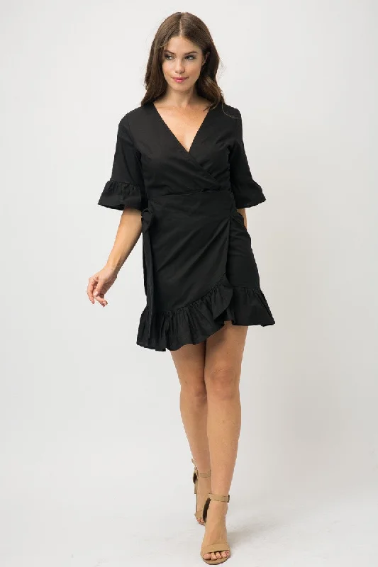 BLACK RUFFLED SHORT SLEEVES TIED SURPLICE MINI DRESS MDR7518 Trendy Mesh Mini Dress