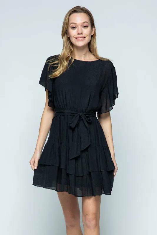 BLACK ROUND NECK RUFFLED SLEEVES AND HEM MINI DRESS MDR8251 Cozy T-Shirt Mini Dress