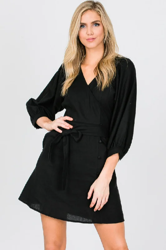 BLACK V-NECK 3/4 SLEEVES SELF-TIE WAIST CASUAL MINI DRESS MDR7435 Elegant Sequin Mini Dress