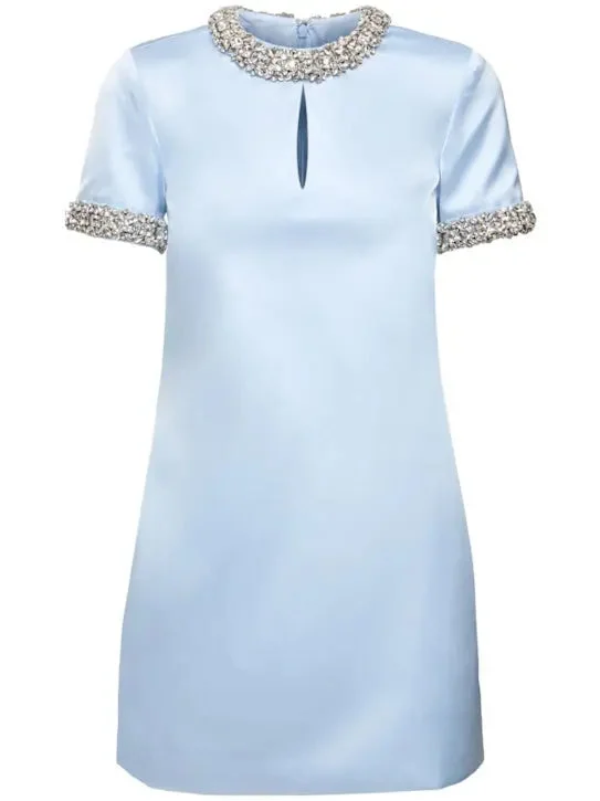 Blue Satin Embellished Mini Dress Comfortable Polka Dot Mini Dress