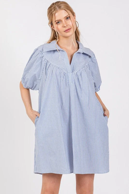 BLUE STRIPED COLLARED PUFF SLEEVES MINI DRESS DLU51348STA Cozy Wraparound Mini Dress