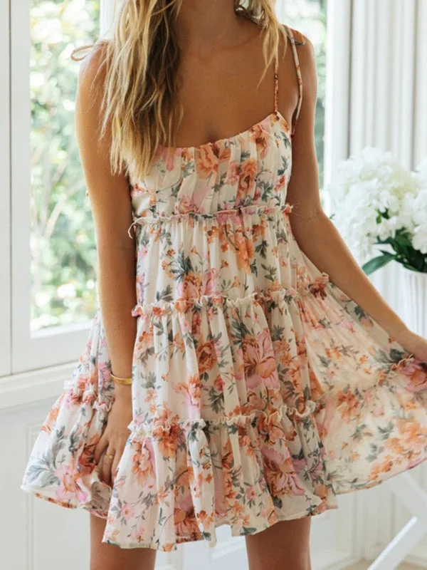 Blue Zone Planet | Floral printed spaghetti strap tiered mini dress Elegant Tulle Mini Dress