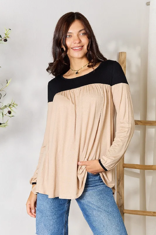 BOMBOM Contrast Long Sleeve Ruched Blouse Elegant Silk Blouse