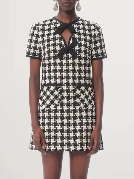 Bow-Detail Black and White Houndstooth Tweed Mini Dress Classic Shift Mini Dress