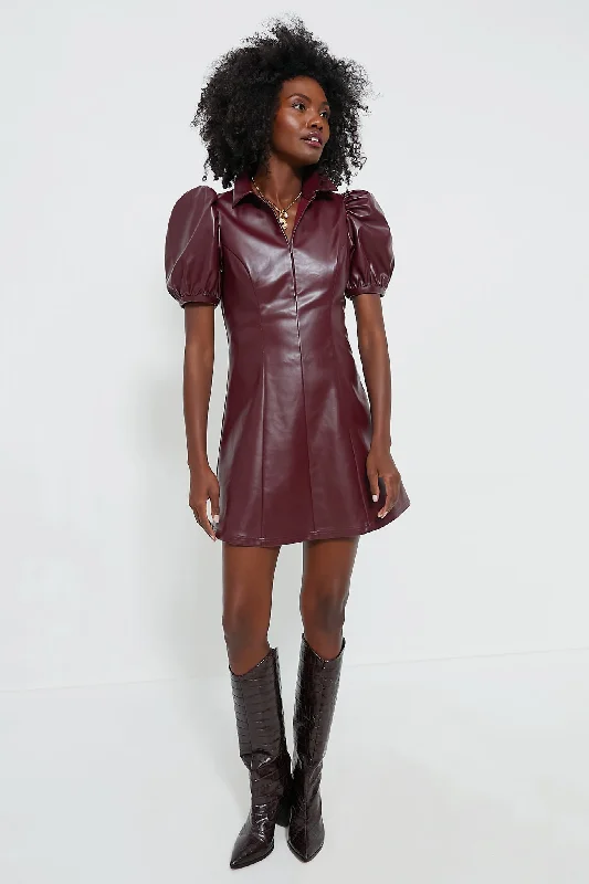 Burgundy Front Zip Faux Leather Mini Dress Fashionable Denim Mini Dress