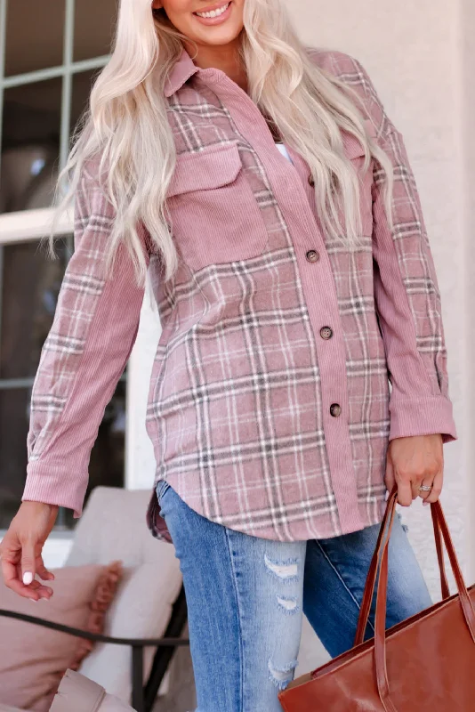 Corduroy Plaid Pattern Shacket Casual Relaxed Fit Blouse