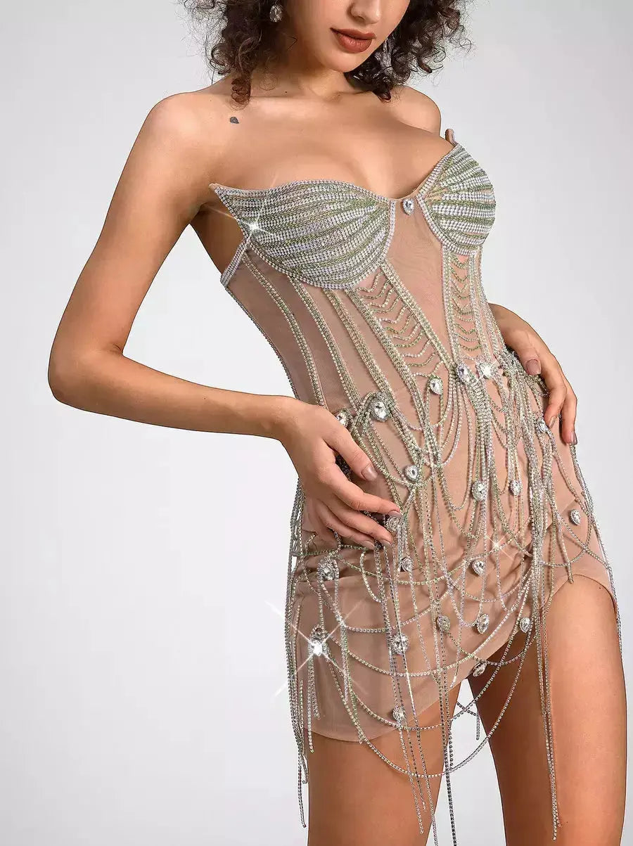 Crystal Chain Embellished Corset Mini Dress Classic Solid Mini Dress