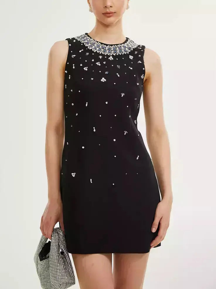 Crystal-Embellished Sleeveless Mini Dress in Black Fashionable Off-Shoulder Mini Dress