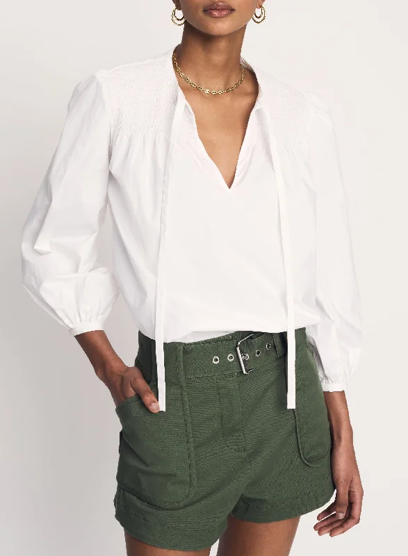 Derek Lam 10 Crosby - Austin Smocked Top Blouse in Optic White Oversized Silk Blouse