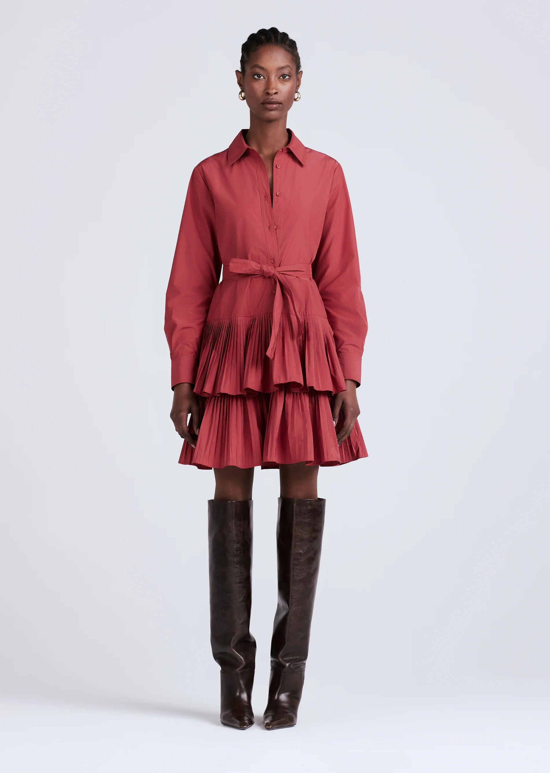 Derek Lam 10 Crosby - Sterling Long Sleeve Pleated Mini Dress in Rhubarb Comfortable Polka Dot Mini Dress
